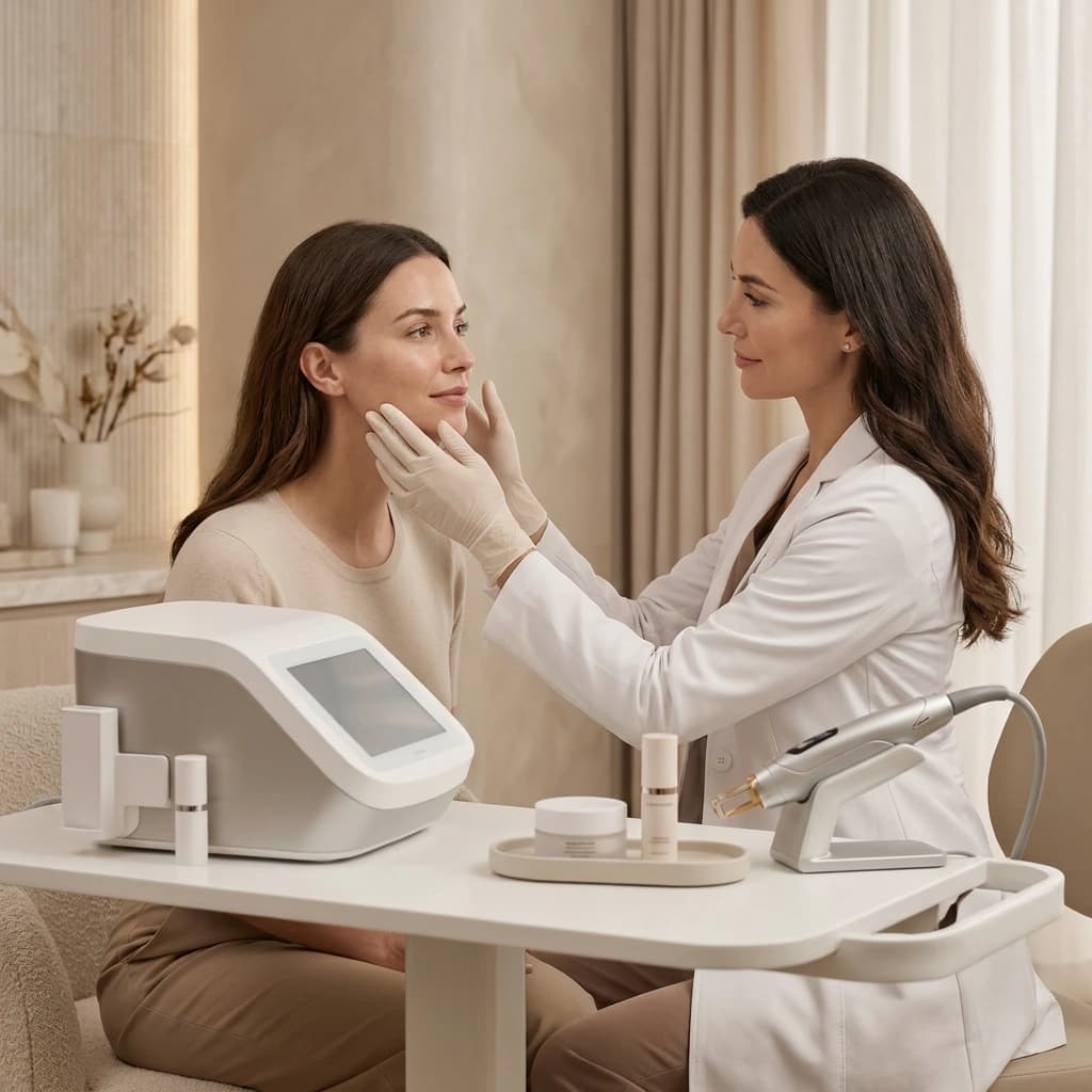 Tratament premium de dermatologie estetică într-un cadru luminos